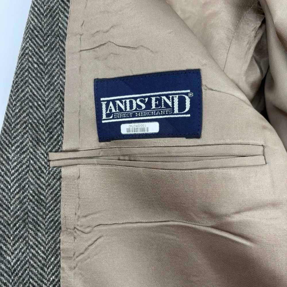 Lands End Sport Coat Blazer Mens 40R Brown Lambs Wool Herringbone‎ Two Button